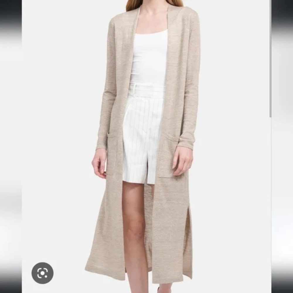 Theory sz S Beige Torina Rear Slit Wool Linen Long Line Open Cardigan Sweater